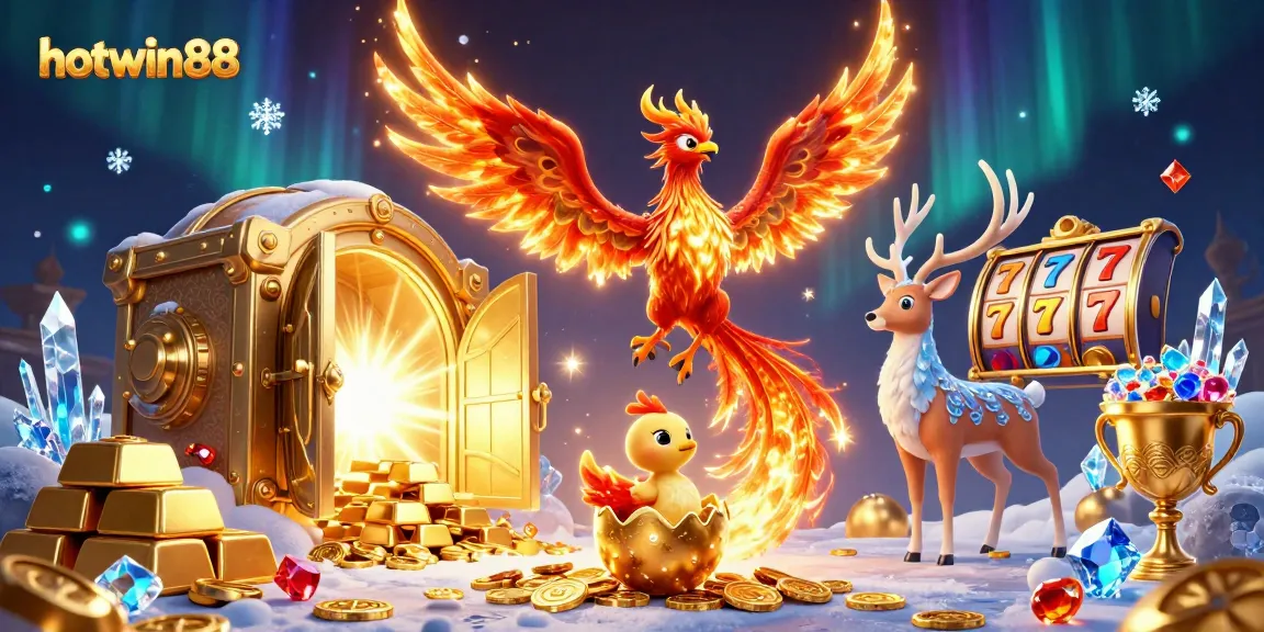 Spin to win with hotwin88 in a vibrant scene featuring a phoenix, treasure vaults, and rich casino elements.