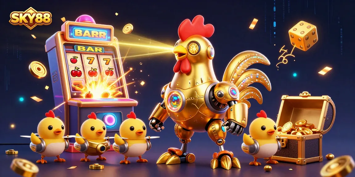 SKY88 casino-themed dynamic illustration with golden rooster robot, jackpot slots, and vibrant game elements.