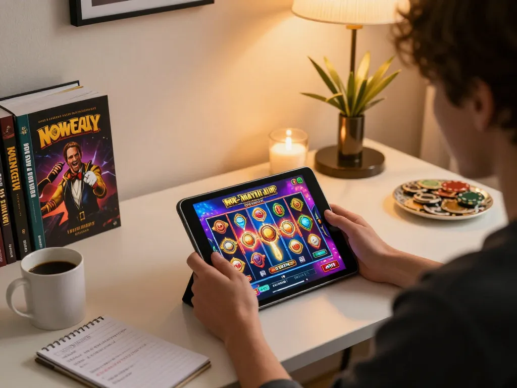 Player enjoying non Gamstop casino gaming on tablet with strategy notes in cozy home office