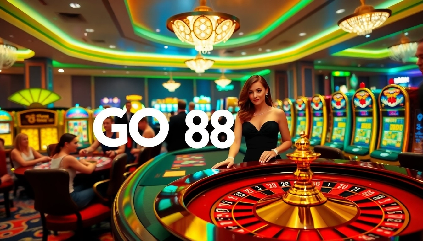 Experience high-stakes excitement at GO 88 casino with glamorous tables and slot machines.