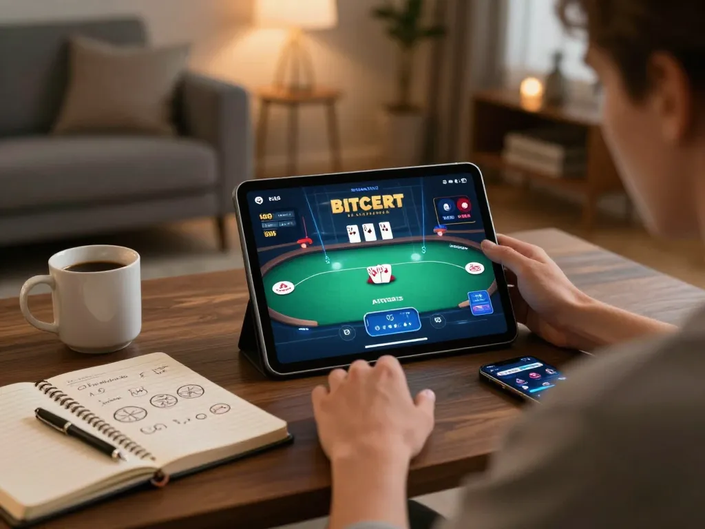Engaging online gaming scene with megaplus88 poker gameplay on tablet in a cozy setting