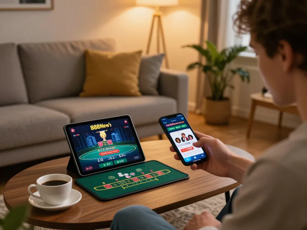 Player enjoying a live blackjack game on the 888New casino app in a cozy living room, showcasing responsible gaming.