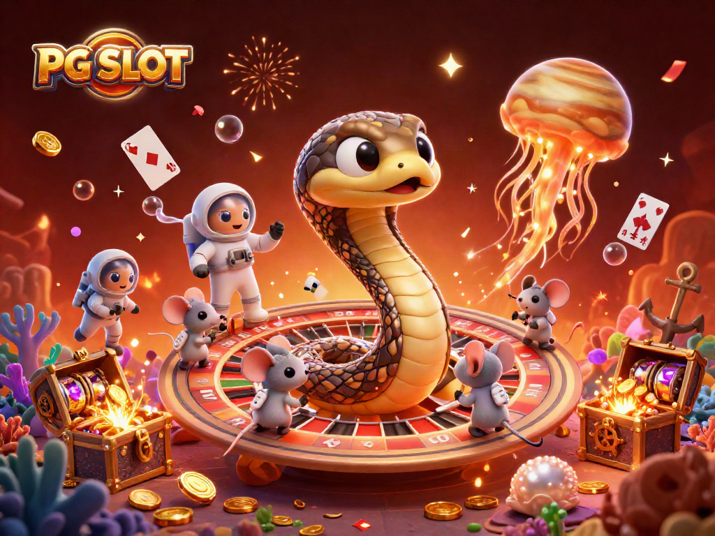 PG SLOT casino scene with astronaut mice, a Saturn snake dealer, and vibrant gold treasure.