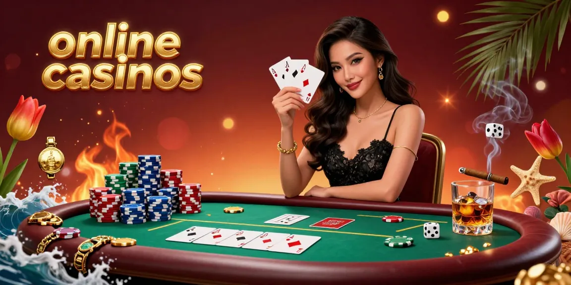 Play cards at luxurious online casinos with a stylish Asian woman in an elegant gown surrounded by poker elements.