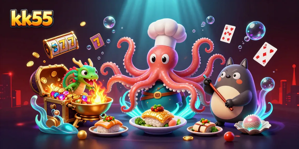 Experience excitement with kk55 as a sushi chef octopus and dragon create golden dishes amidst casino elements.