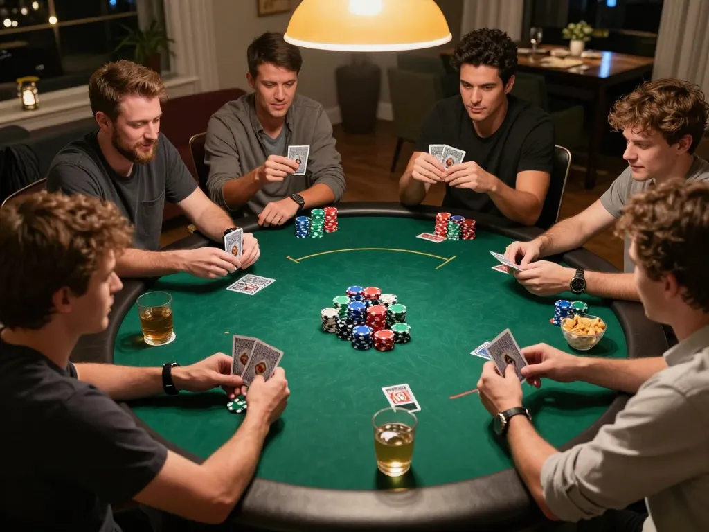 Engaged players enjoying a home poker night with strategic bets and friendly competition using LGOGOAL.