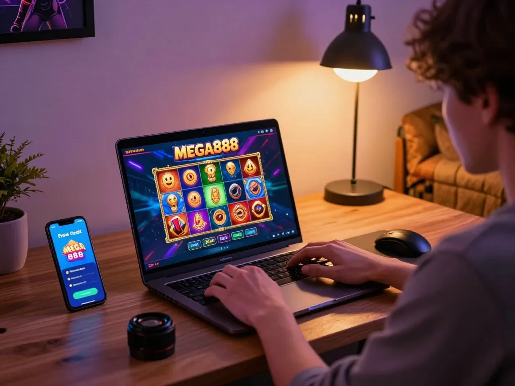 Playing free credit mega888 on a laptop for an engaging online gaming experience at home