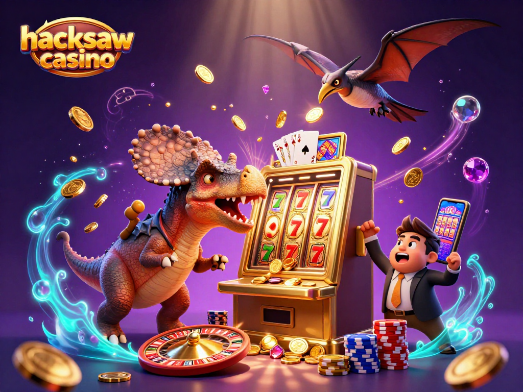 Experience the excitement at hacksaw casino as a pachycephalosaurus hits the slot machine, unleashing a jackpot of coins.