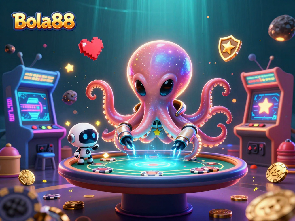 Bola88 menghadirkan kasino luar angkasa yang penuh warna dengan sosok gurita alien dan robot, sambil berpartisipasi dalam permainan poker.