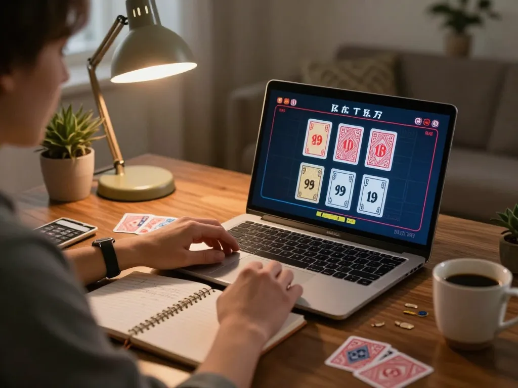 B52 player analyzing cards in an online casino session, highlighting strategic gameplay.