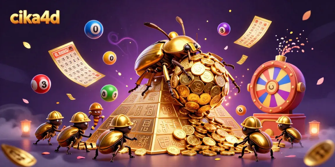 Experience the thrill of cika4d with a golden dung beetle rolling coins in this vibrant casino scene.