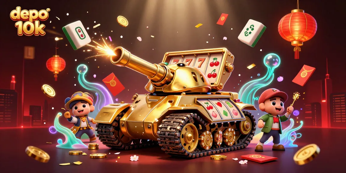 Experience thrilling wins with depo 10k at the lively casino scene featuring spinning reels and festive decorations.