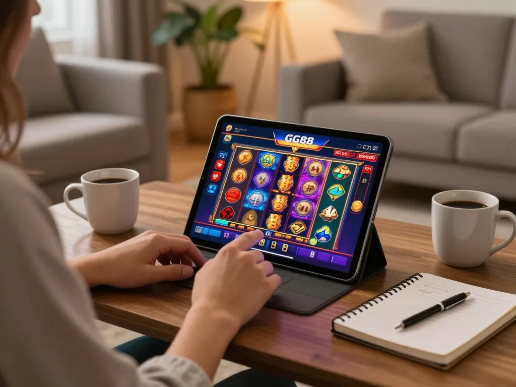 Engaging with the GG88 app for strategic online gaming in a cozy home setting.