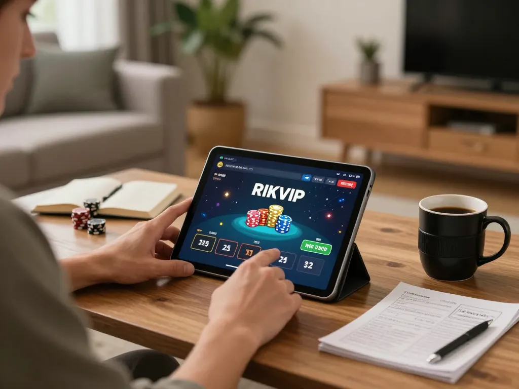 Engaging in online gaming at https://tairikvip.co, a player enjoys a strategic session using a tablet in a cozy home setting.