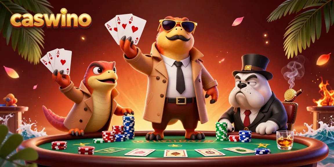 Raptors in trench coat at caswino casino, surrounded by poker chips and a bouncer.