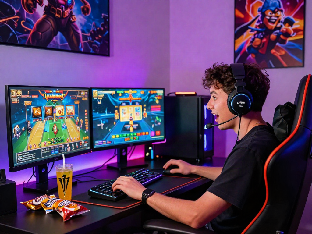Excited player analyzing strategies for slot gacor games in a vibrant gaming setup with LED lighting and dynamic accessories.