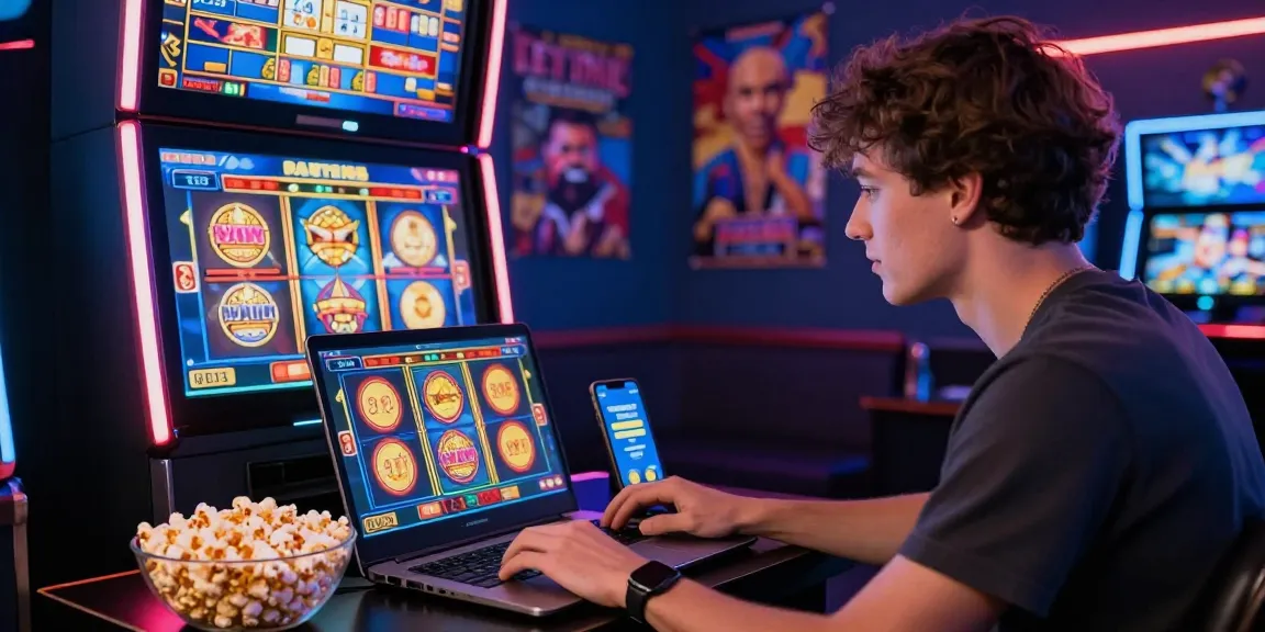 Pengalaman mendebarkan di situs slot gacor dengan pemain muda yang berinteraksi dengan mesin slot digital.