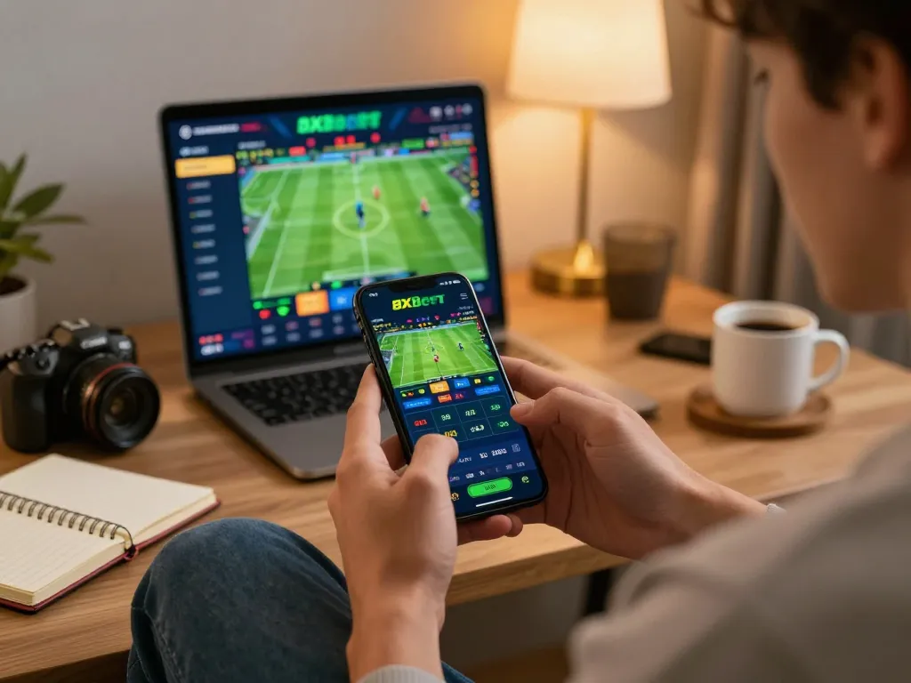 Player enjoying the nhà cái 8xbet mobile app for live sports betting at home, showcasing an engaging and convenient gambling experience.