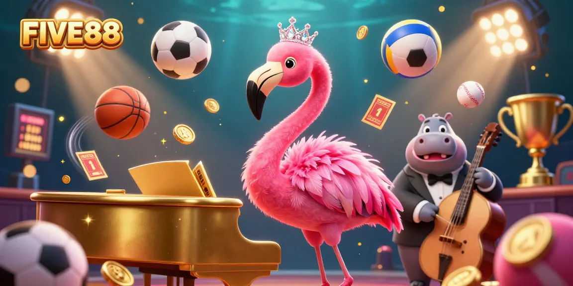 Engage with FIVE88 in a lively casino scene celebrating sports and entertainment with dazzling characters.
