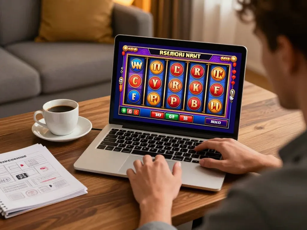 Player spins vibrant situs gacor online slot reels on laptop, focused home gaming setup, enhancing winning strategies.