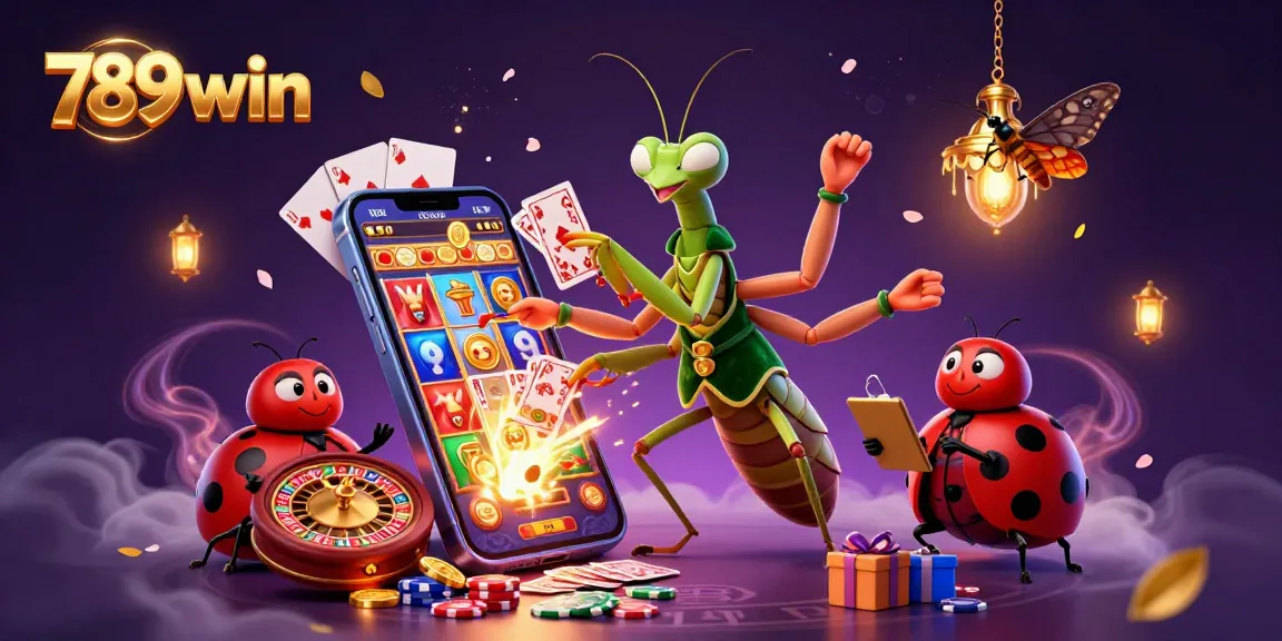 789win players enjoy a vibrant casino atmosphere featuring a giant praying mantis and ladybug pit boss, with dynamic slot game elements.