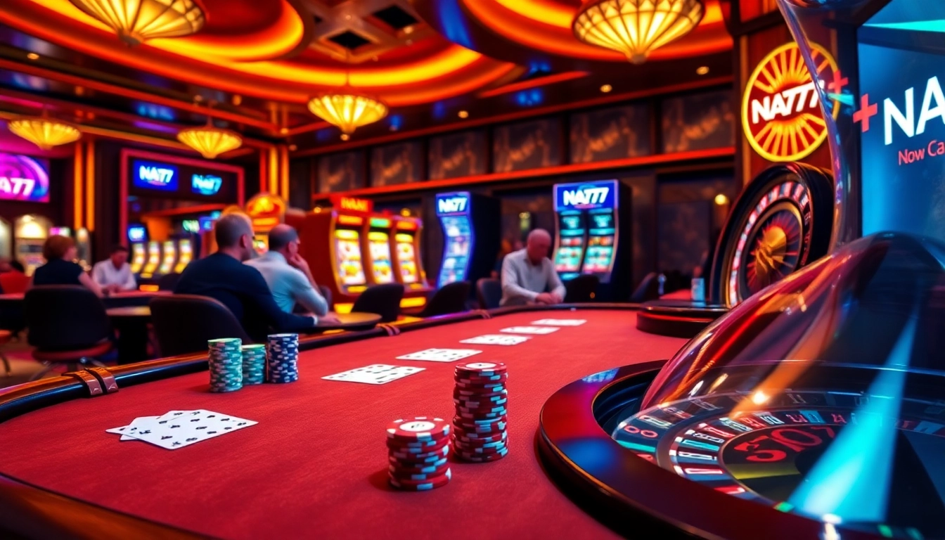 Experience thrilling gameplay at NA777's upscale casino, featuring poker chips and vibrant slot machines.