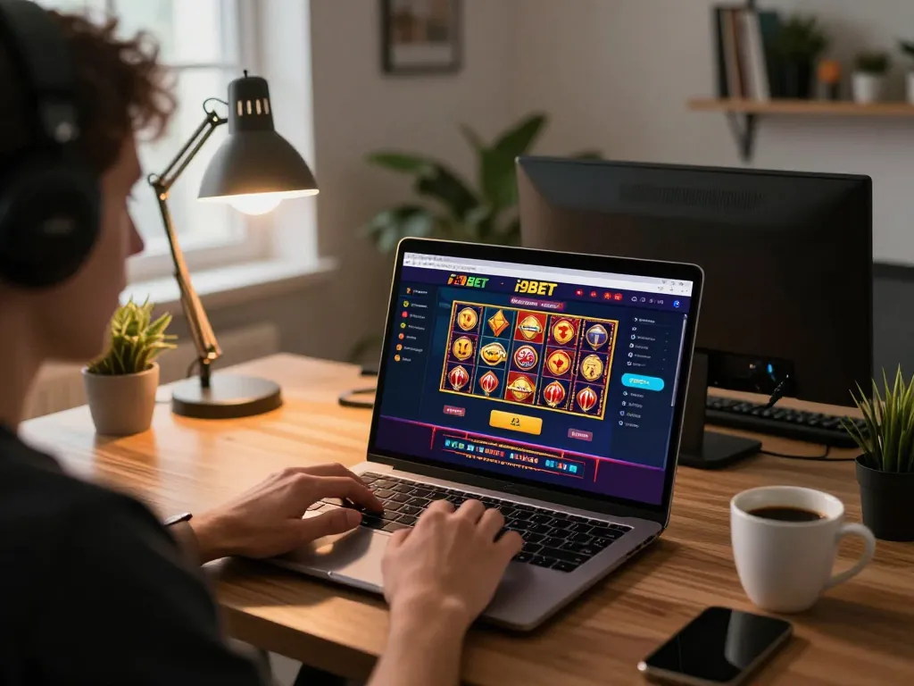 Engaging online casino gaming with i9BET interface on laptop, showcasing a player's focus.