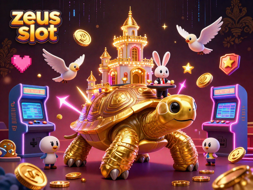 Experience the excitement of zeus slot with a vibrant 3D casino scene showcasing golden elements and colorful games.