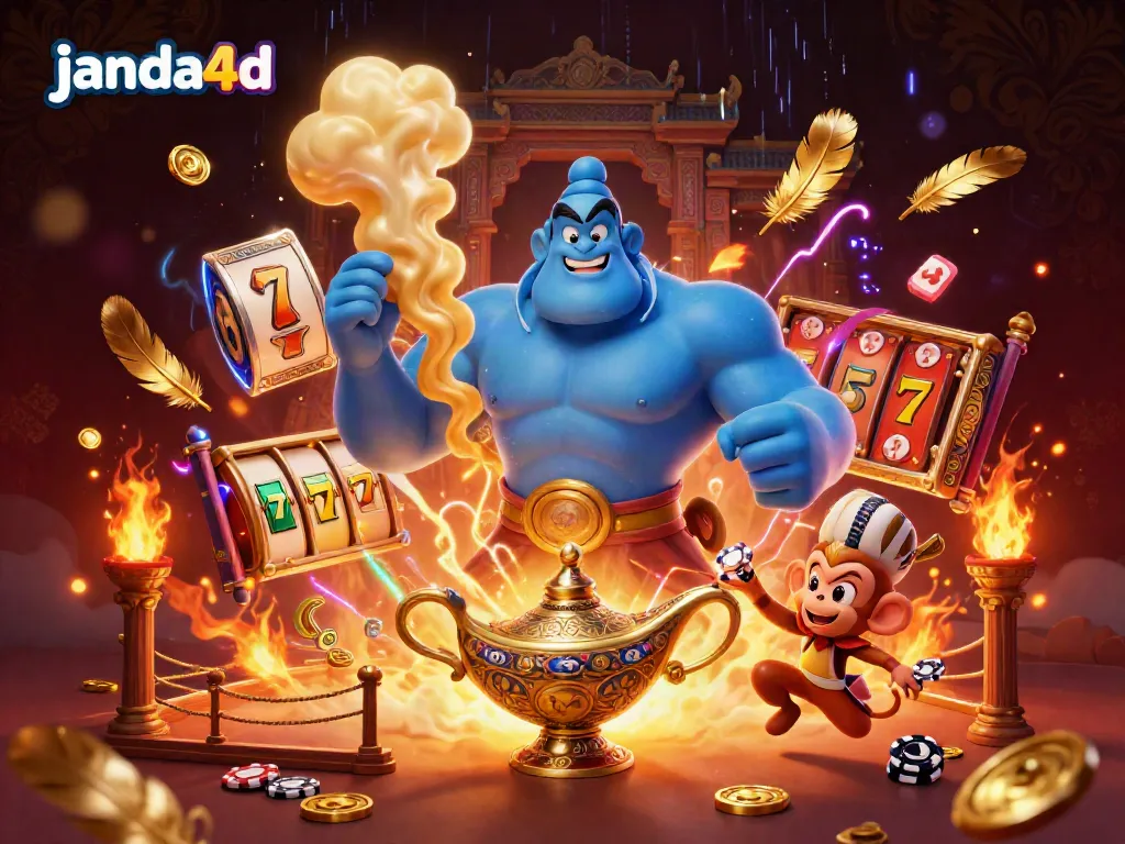 Permainan slot online janda4d dengan karakter genie dan koin emas yang ramai.