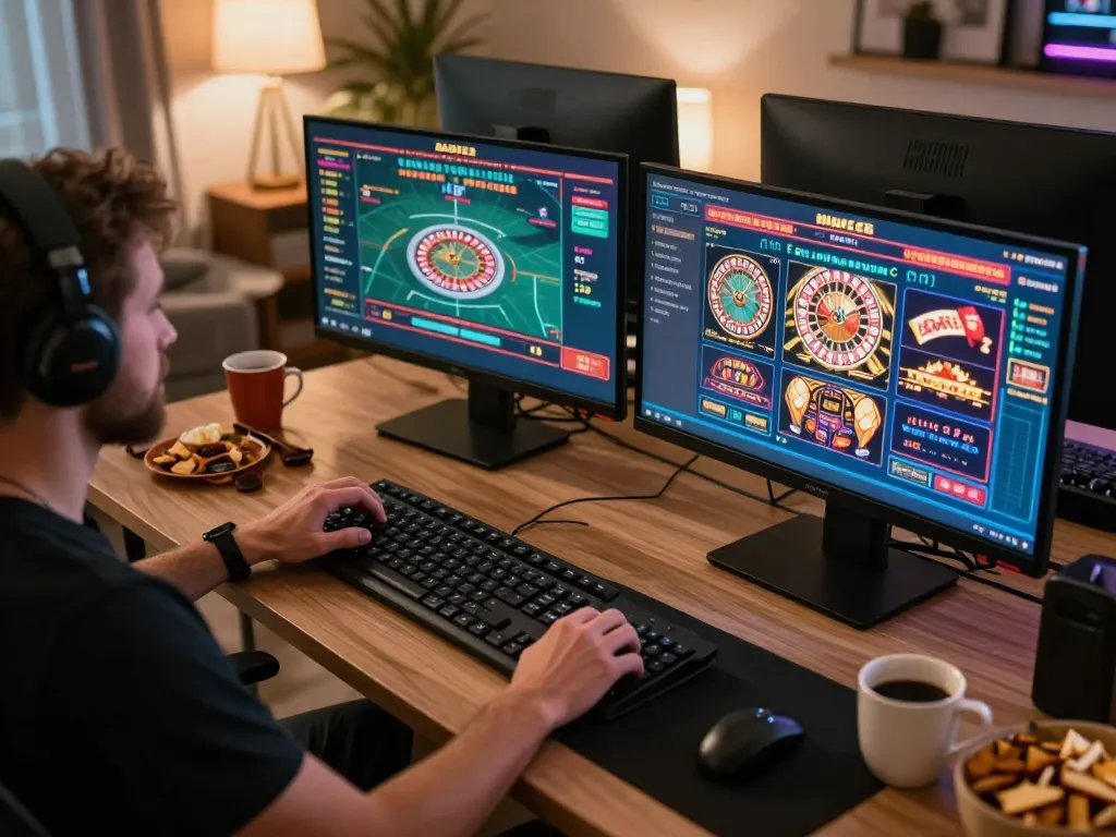 Main slot dan terlibat dalam permainan online dengan aman788 di pengaturan rumah yang nyaman, menampilkan beberapa layar.