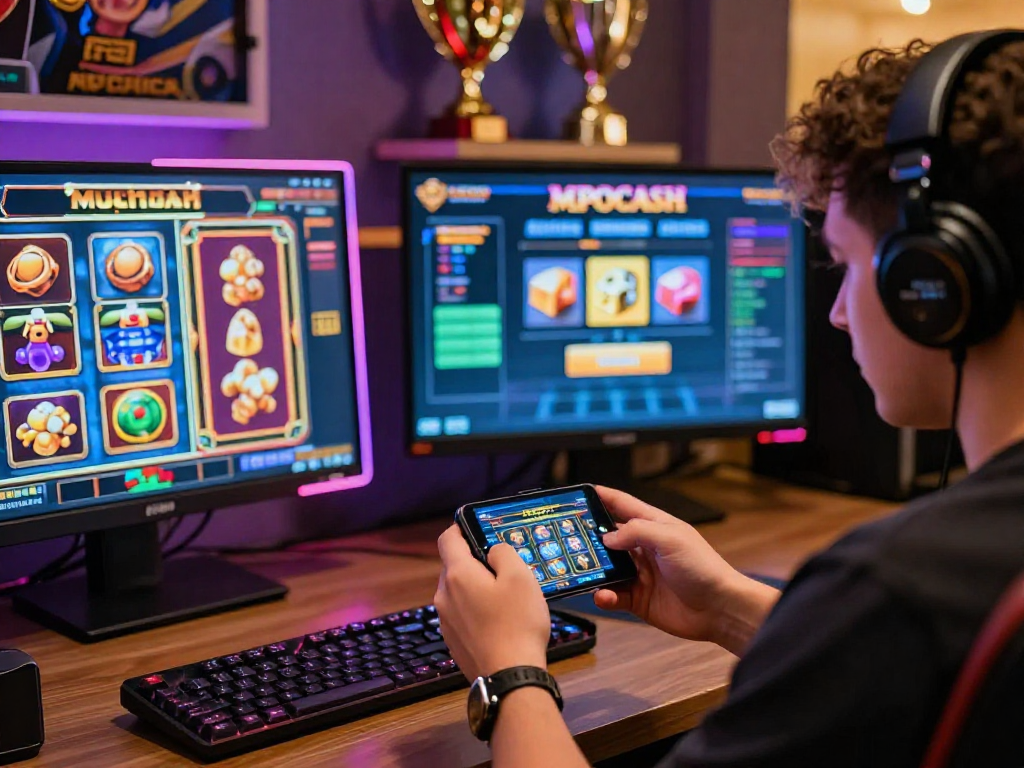 MPOCASH blog showcasing a player enjoying online gambling with vibrant slot graphics and gaming setup.