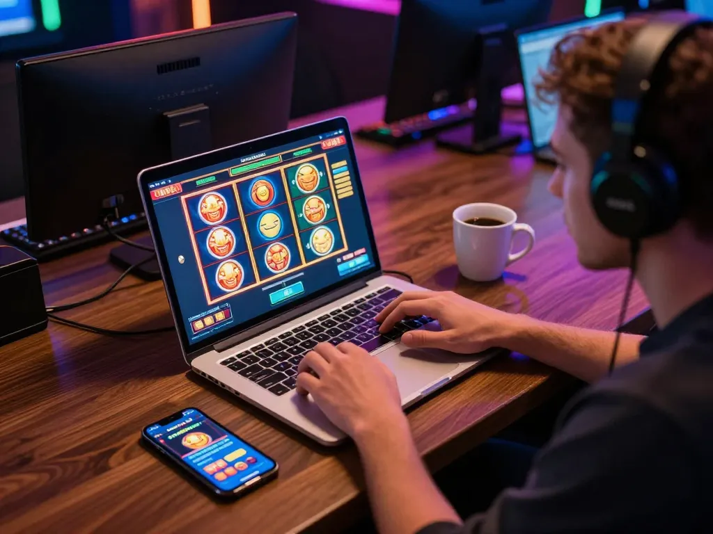 Engaged player using LGOSUPER on a laptop for exciting online slot games in a cozy setting