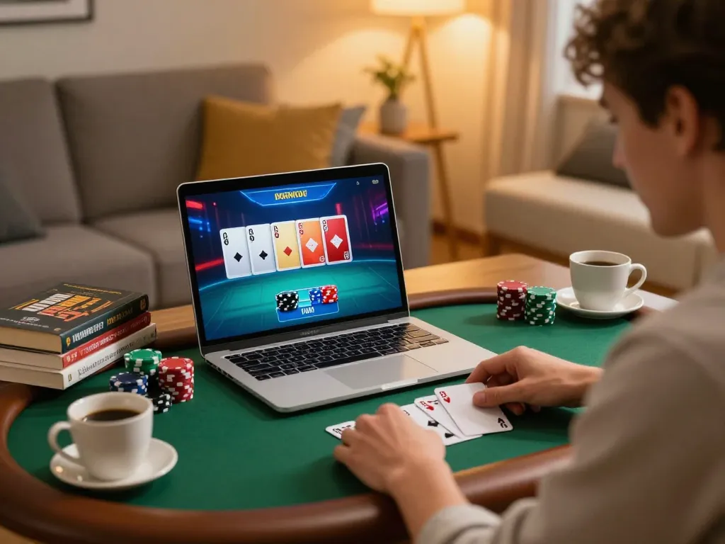 Engaging in online poker at CK444, a cozy setup with vibrant game display and strategy notes.