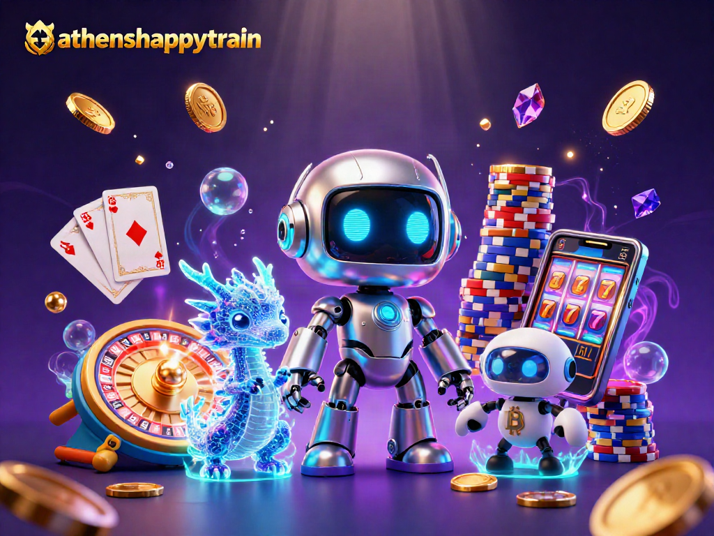 Experience the excitement of athenshappytrain with vibrant casino elements in a dynamic 3D illustration.