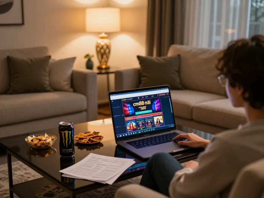 Engagement with link cm88 mới nhất through a stylish home gaming setup featuring online casino on laptop.