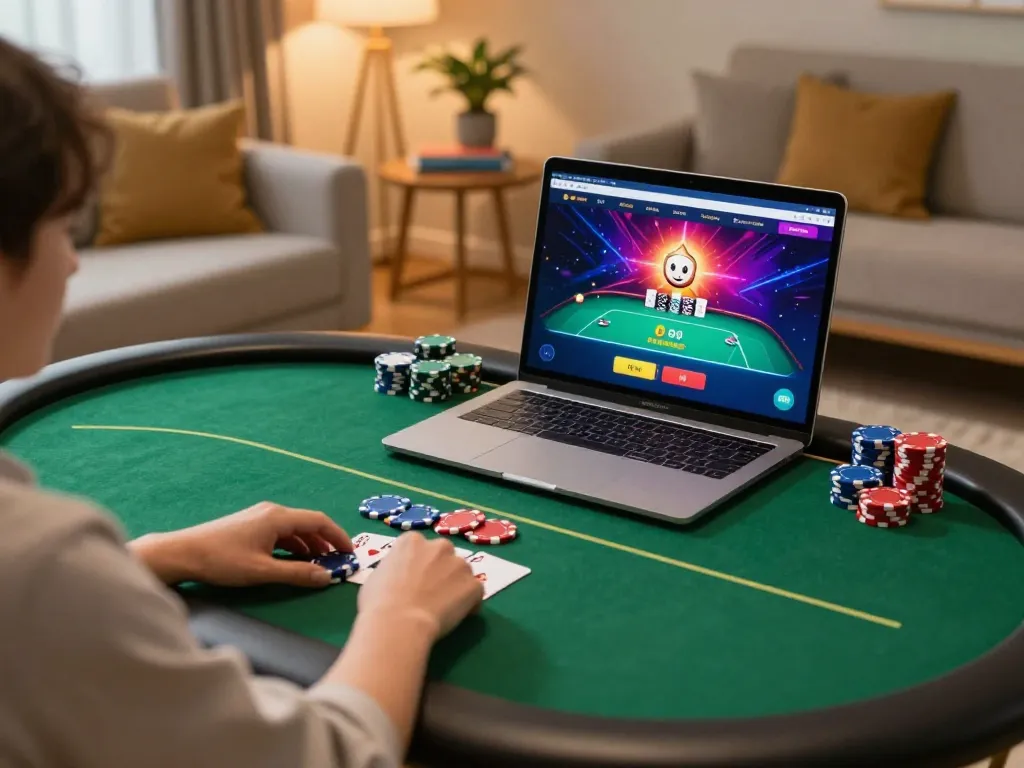 Engaging online poker session showcasing players strategizing their bets using the okfun app in a cozy home setting.