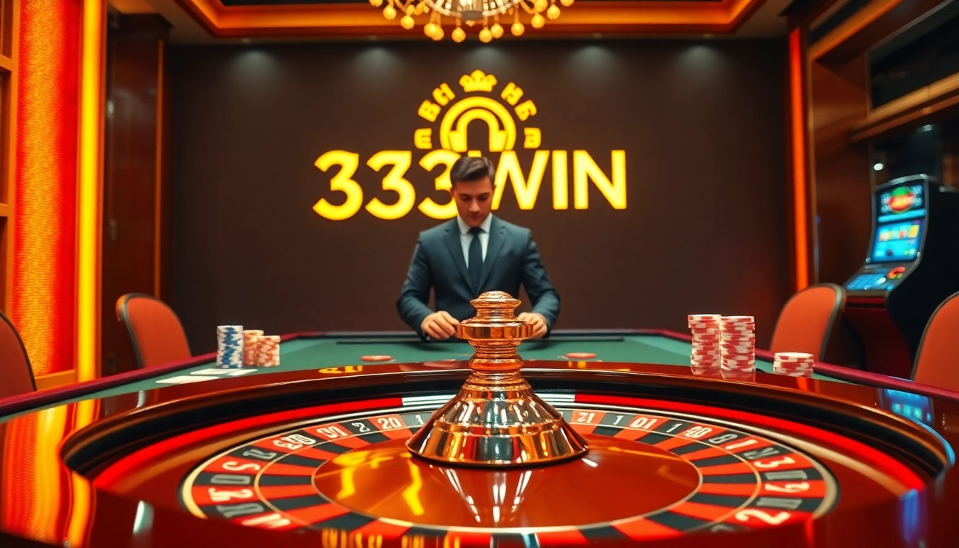 Experience the thrill of winning at 33WIN with a vibrant casino scene featuring roulette and poker chips.