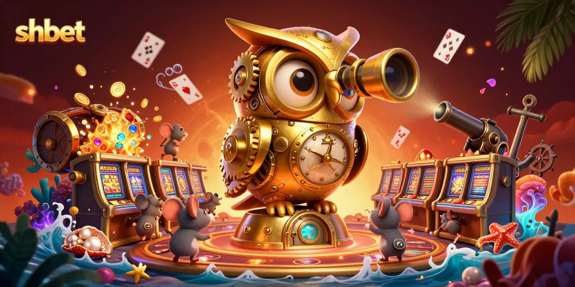 Experience the excitement of shbet with a captivating 3D casino scene featuring a golden owl and whimsical mouse patrons.