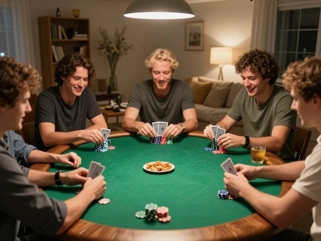 Players enjoying a friendly poker night with strategic gameplay and camaraderie in the cozy home setting, highlighting Sunwin's fun.