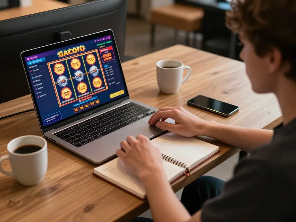 Engaging with slot gacor games on a laptop during a cozy home gaming session