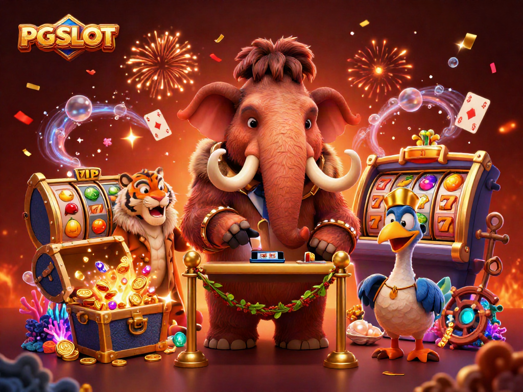 Experience PG SLOT excitement with a vibrant 3D illustration featuring playful casino characters.