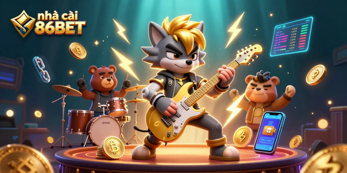 Experience the excitement at nhà cái 86BET with a lively 3D casino scene featuring rock star characters.