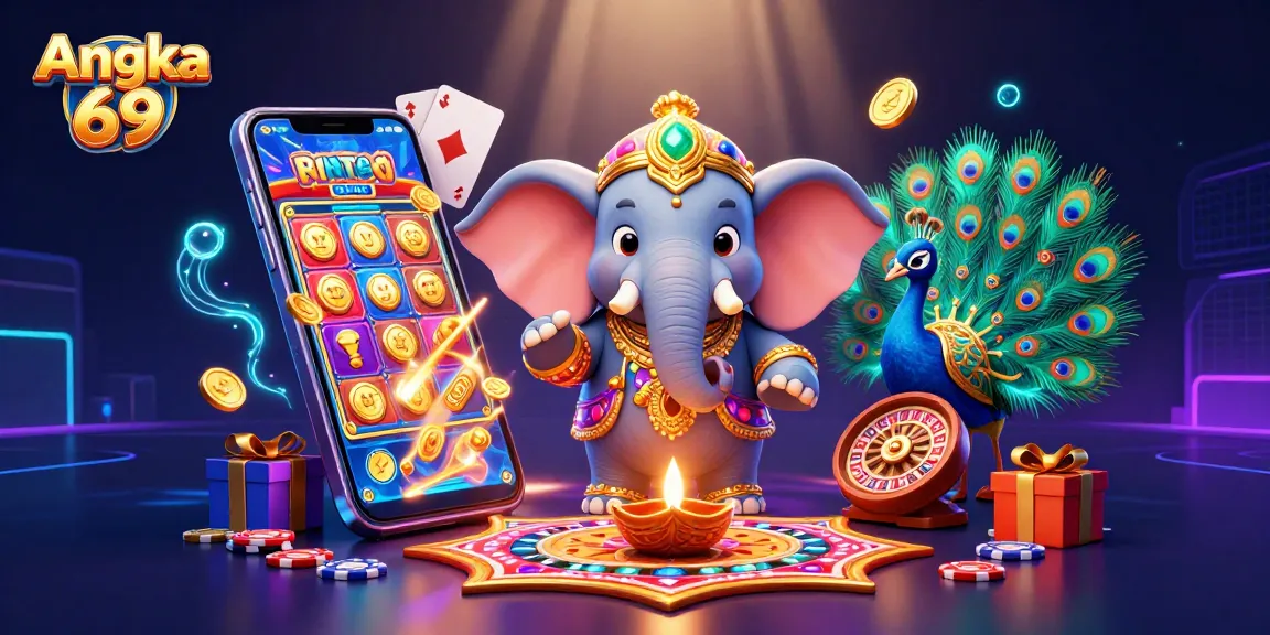 Play colorful slot games with Angka 69 featuring vibrant characters and casino elements.