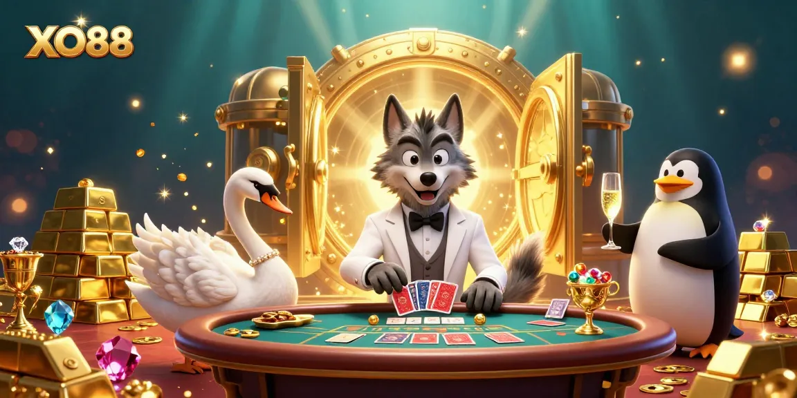 XO88 vibrant characters engage in a luxurious casino scene filled with treasures and rich illustrations.