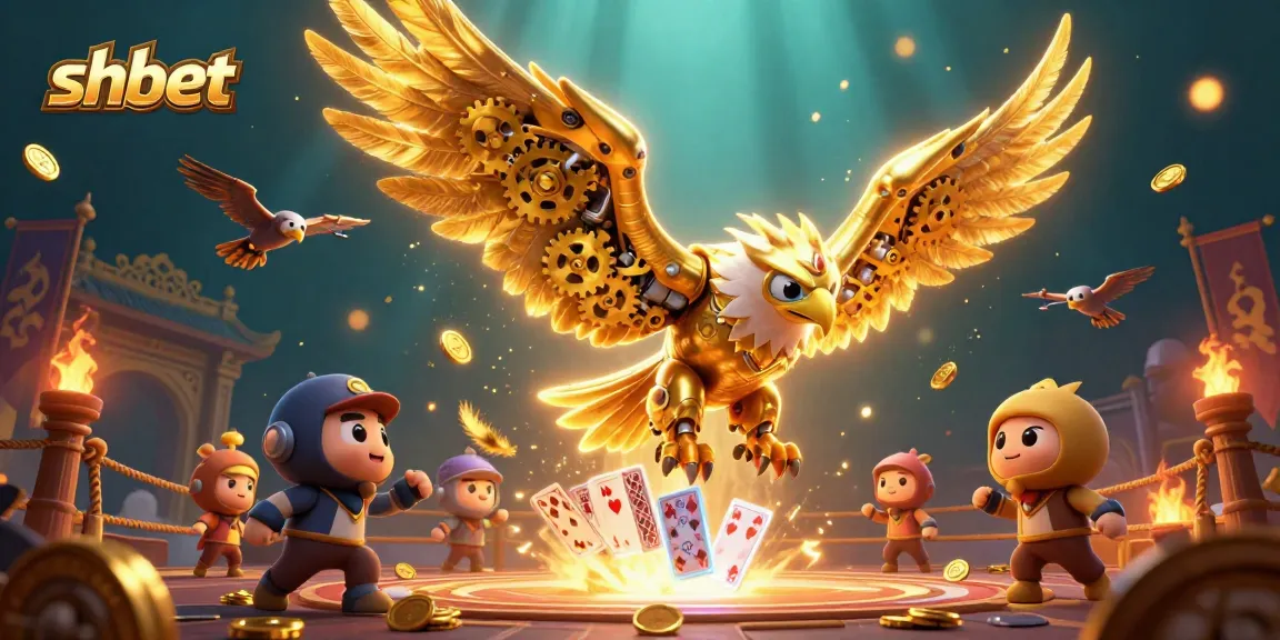 Engage in thrilling gameplay with shbet’s dynamic 3D illustration of the golden eagle amidst vibrant gambling elements.