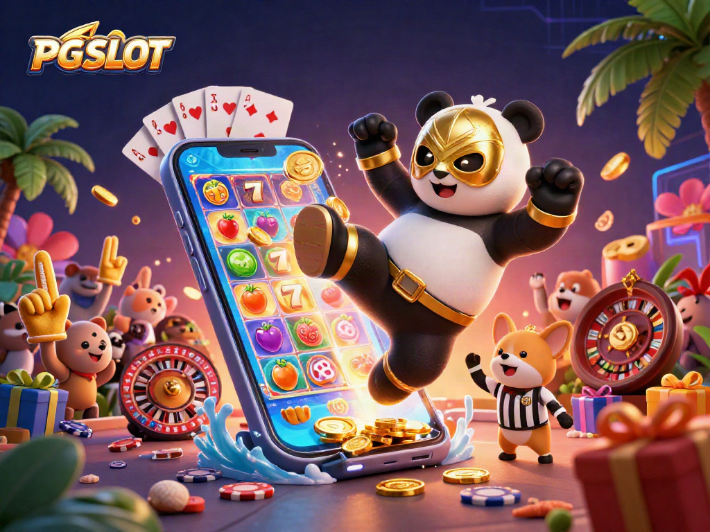 Experience PG SLOT fun as a panda wrestler feasts on golden coins in a vibrant casino!