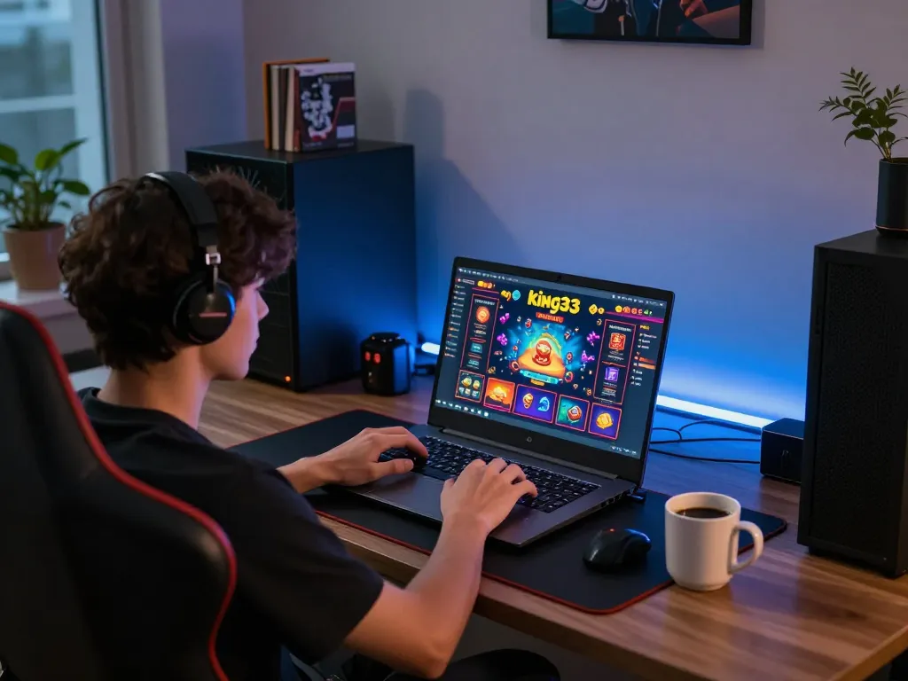 Engaged player navigating king33 online casino platform on laptop in a modern home setting.