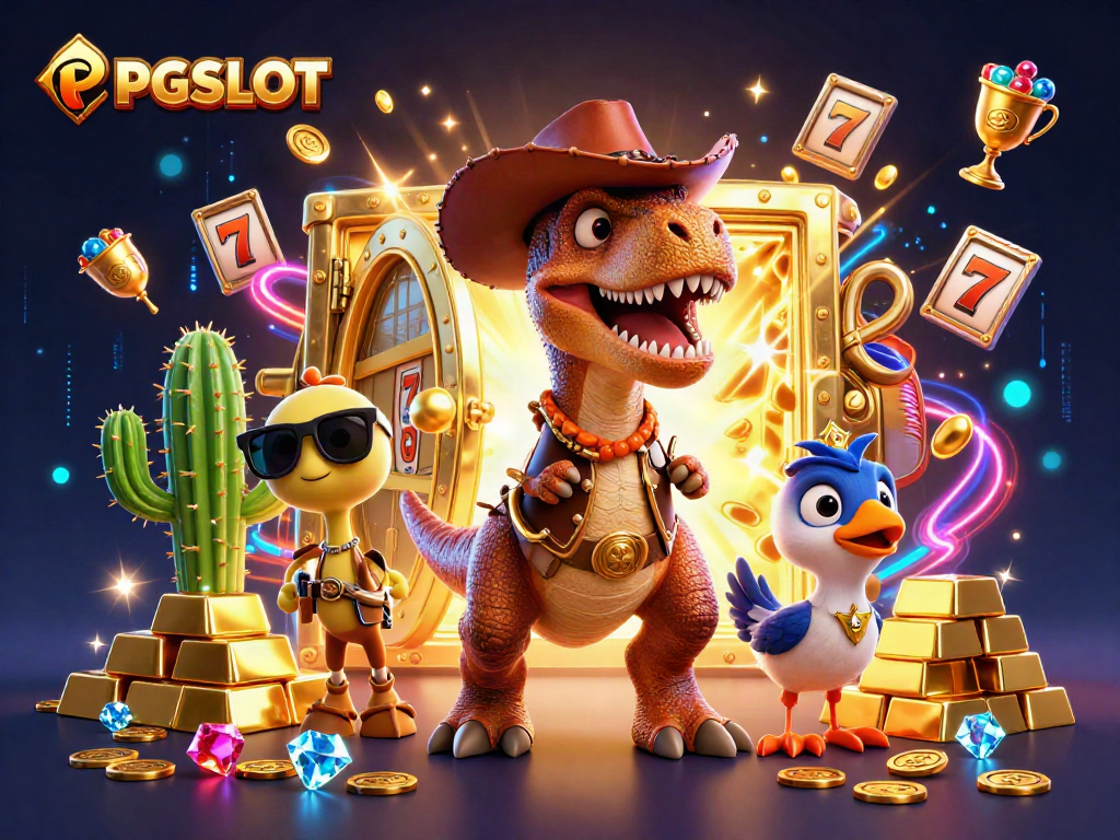 Engage with PG SLOT while encountering colorful characters and exciting slot game elements in a dynamic casino scene.