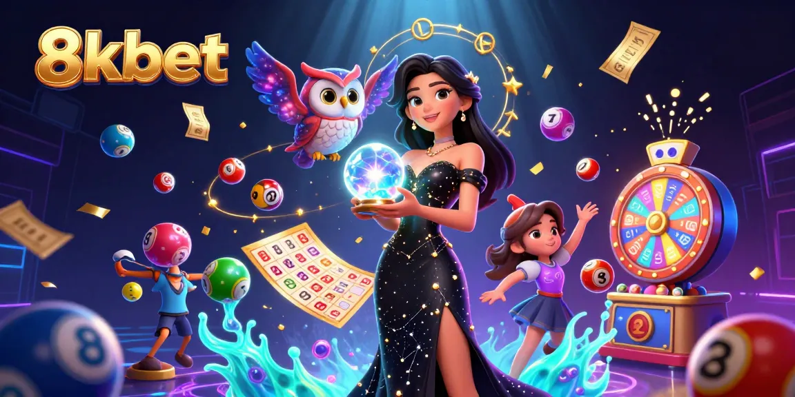 Experience thrilling wins with 8xbet's vibrant casino illustration featuring a mystical owl and dynamic lottery elements.