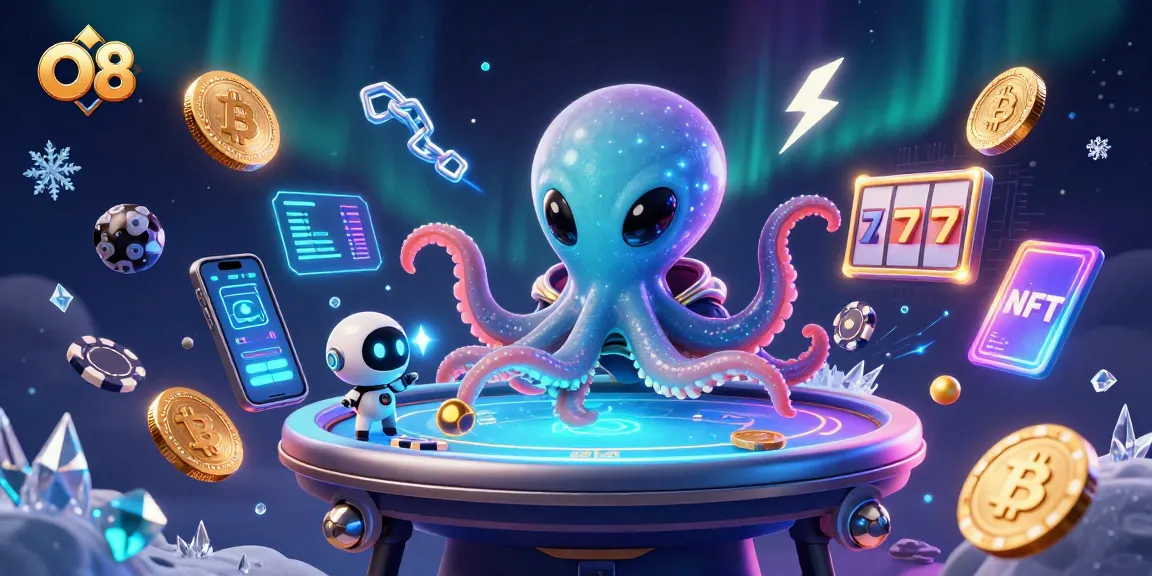 Engage with O8's thrilling 3D casino illustration, featuring vibrant elements of poker and cryptocurrencies.